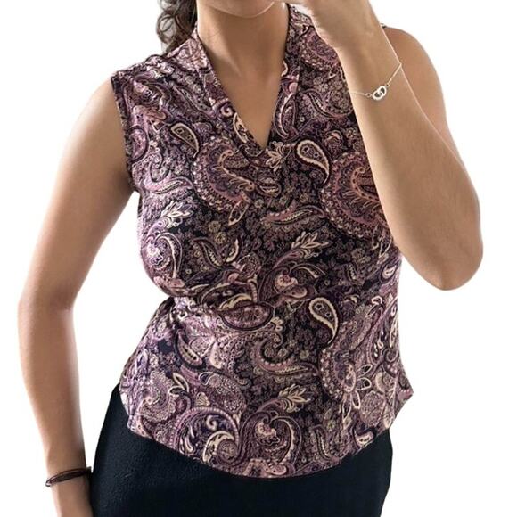 NEW YORK & CO Paisley Sleeveless Wrap Blouse V-Neck Collared Purple Multi Size M - Picture 1 of 8